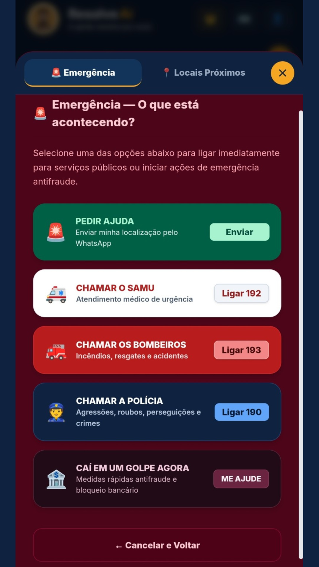Tela SOS do aplicativo Chama o Brabo com serviços de emergência
